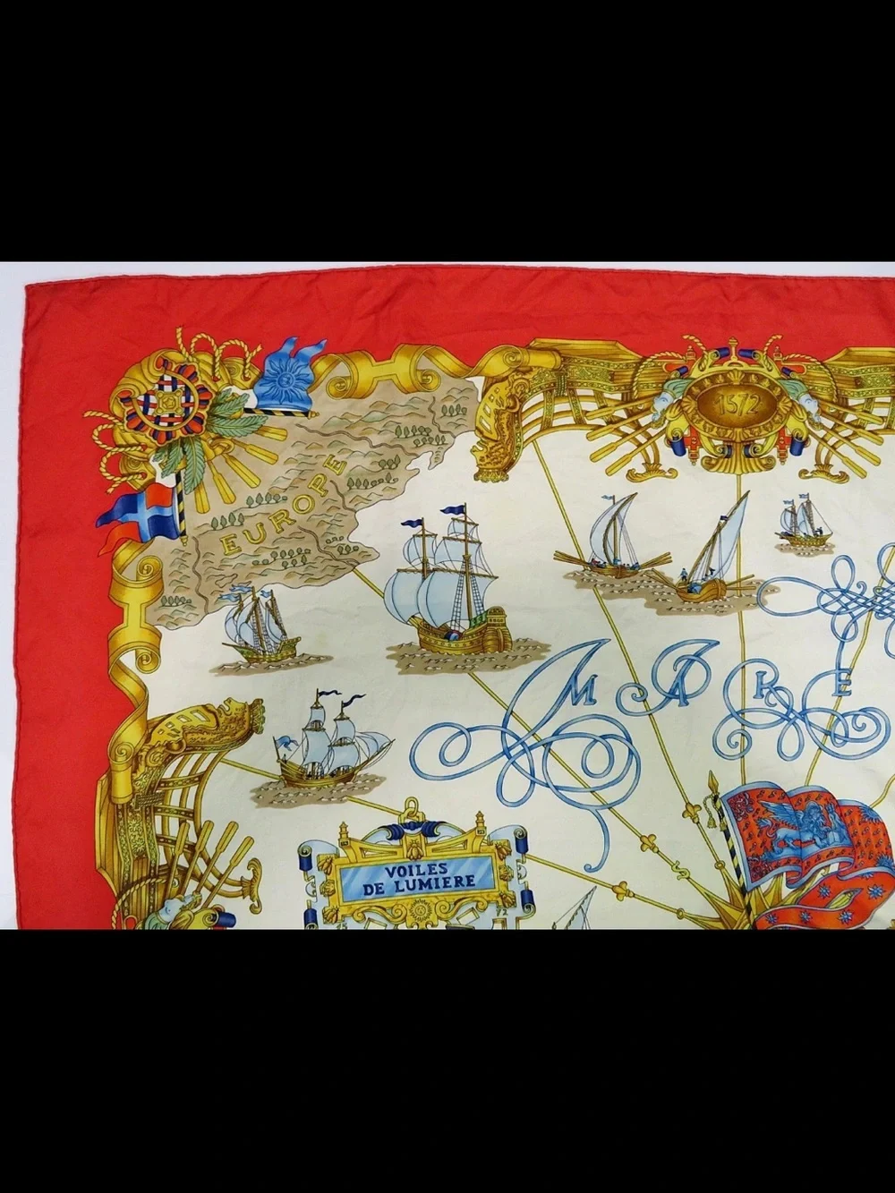 Hermes Silk Scarf Red, Cream, Gold, Blue